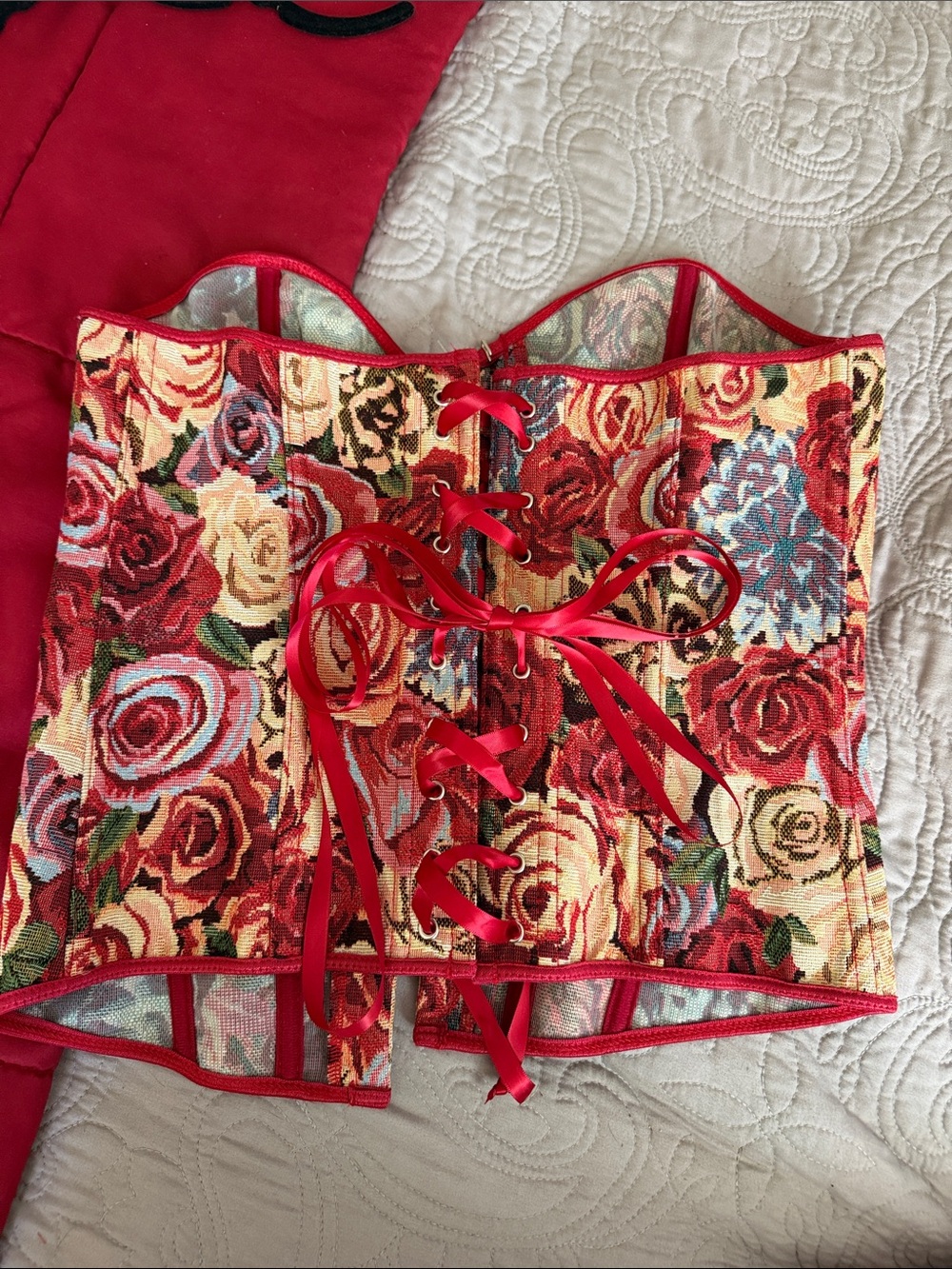 Floral Tapestry Corset Top - Red Multi size M - Picture 6 of 8